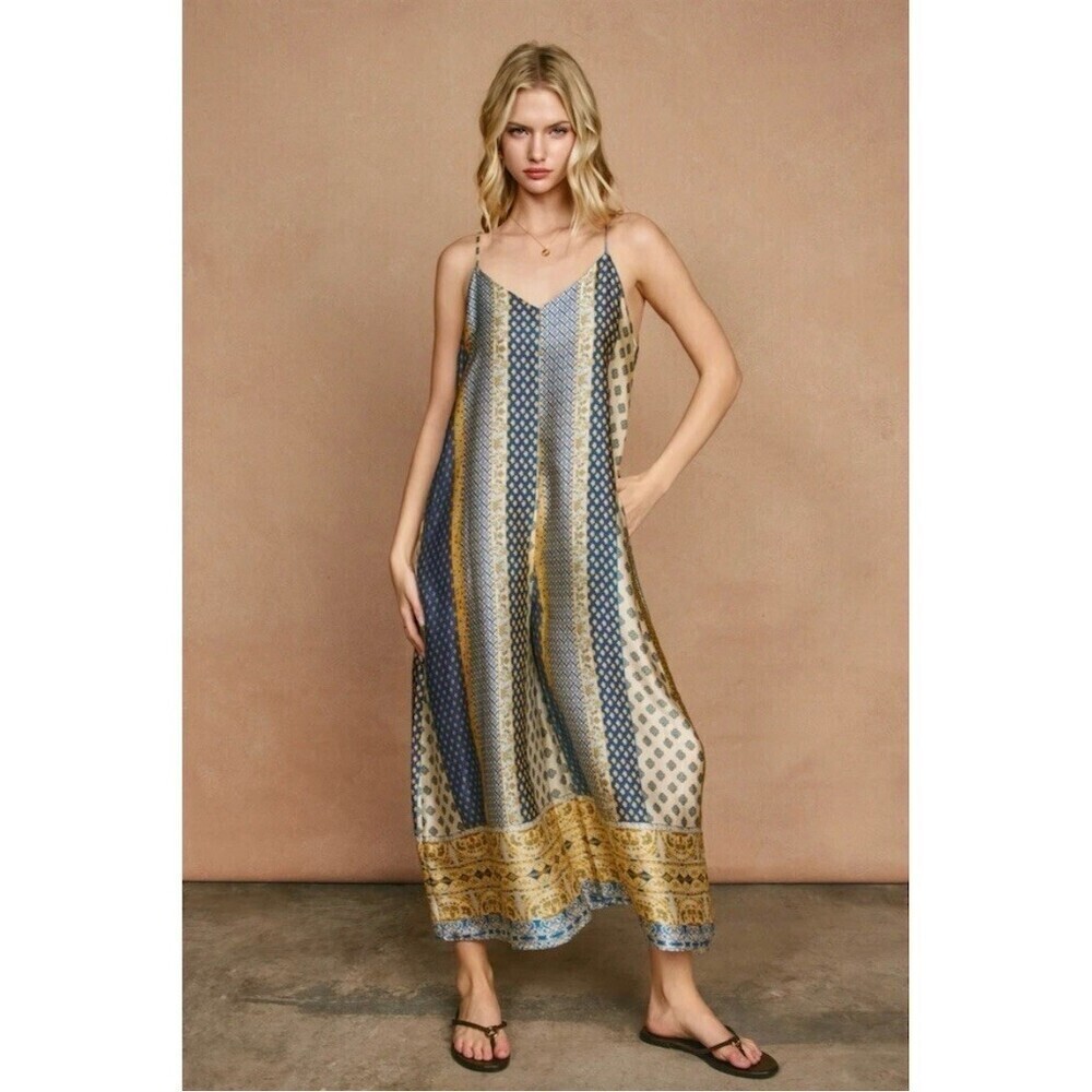 Wide Leg Silky Satin Boho Patchwork Palazzo Jumpsuit L Hippie Festival Gypsy